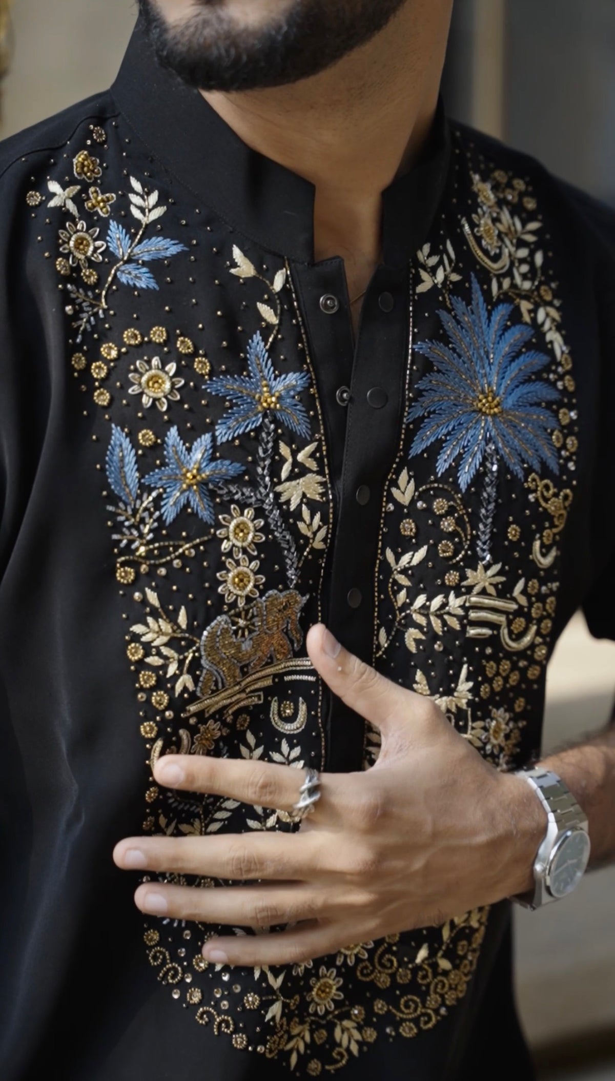 Black Bomario Handwork Kurta set for Men