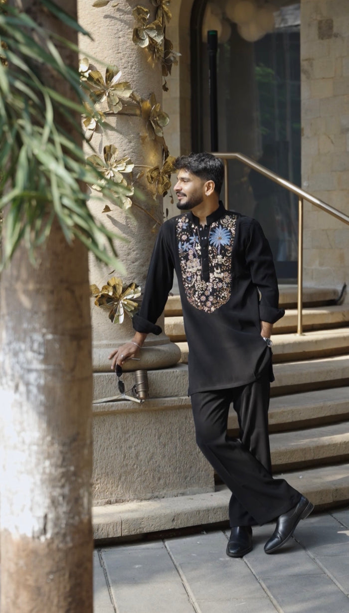 Black Bomario Handwork Kurta set for Men