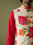 Cream & Pink Silk Kurta, Vibrant Printed Bandi Jacket and Aligarhi for Men