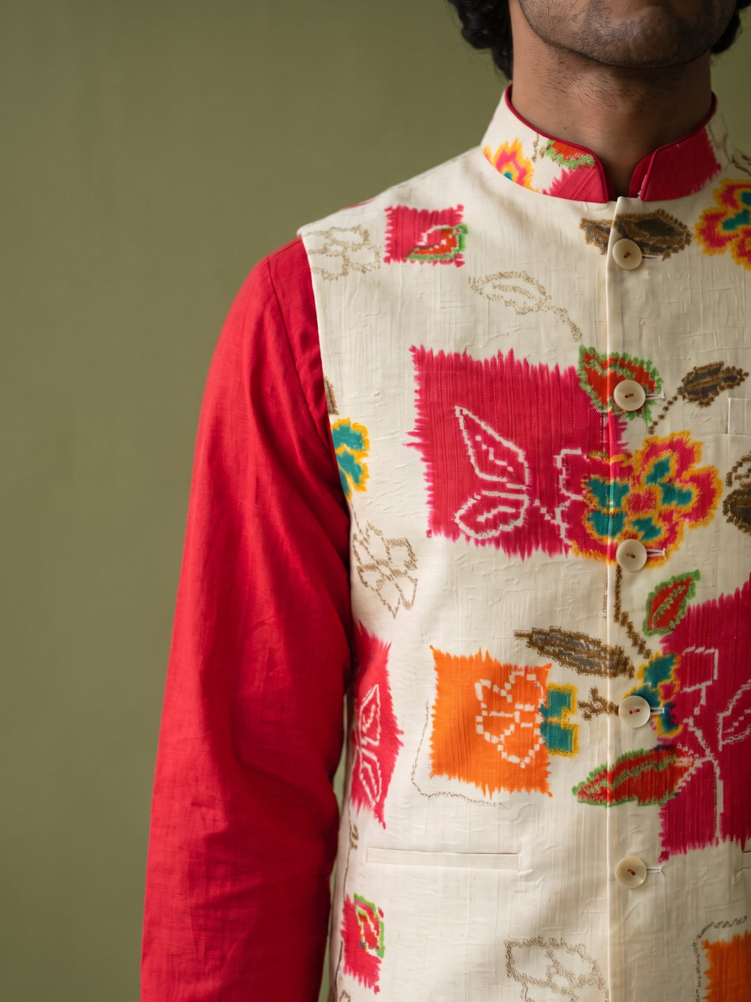 Cream & Pink Silk Kurta, Vibrant Printed Bandi Jacket and Aligarhi for Men