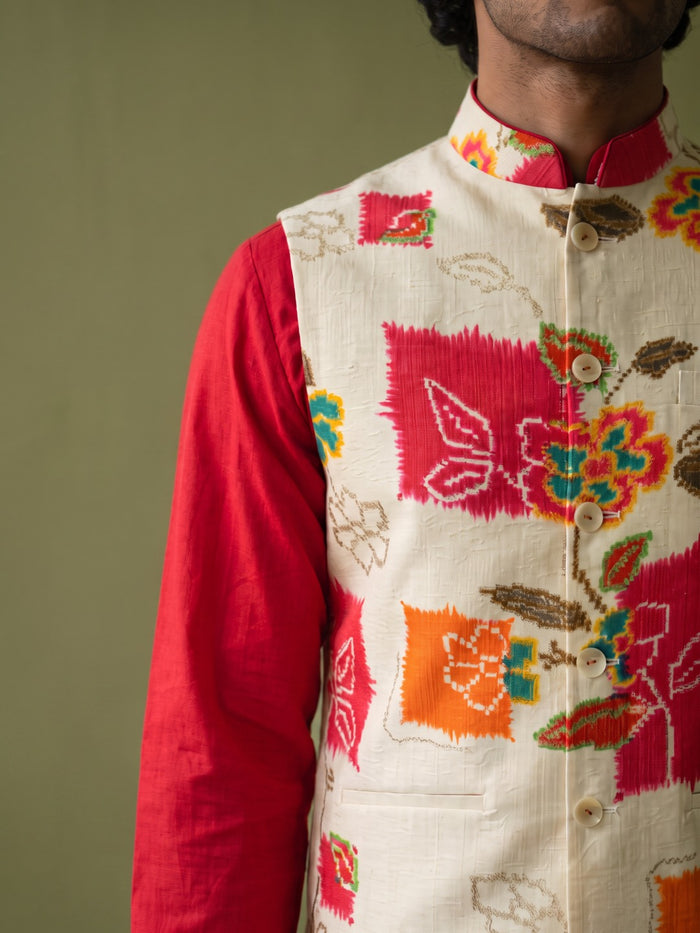 Cream & Pink Silk Kurta, Vibrant Printed Bandi Jacket and Aligarhi for Men