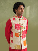 Cream & Pink Silk Kurta, Vibrant Printed Bandi Jacket and Aligarhi for Men