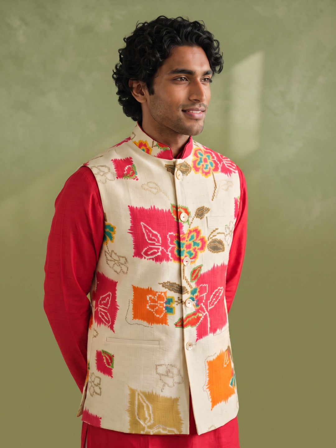 Cream & Pink Silk Kurta, Vibrant Printed Bandi Jacket and Aligarhi for Men