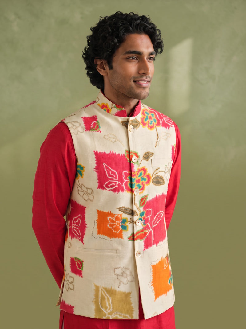 Cream & Pink Silk Kurta, Vibrant Printed Bandi Jacket and Aligarhi for Men