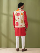 Cream & Pink Silk Kurta, Vibrant Printed Bandi Jacket and Aligarhi for Men