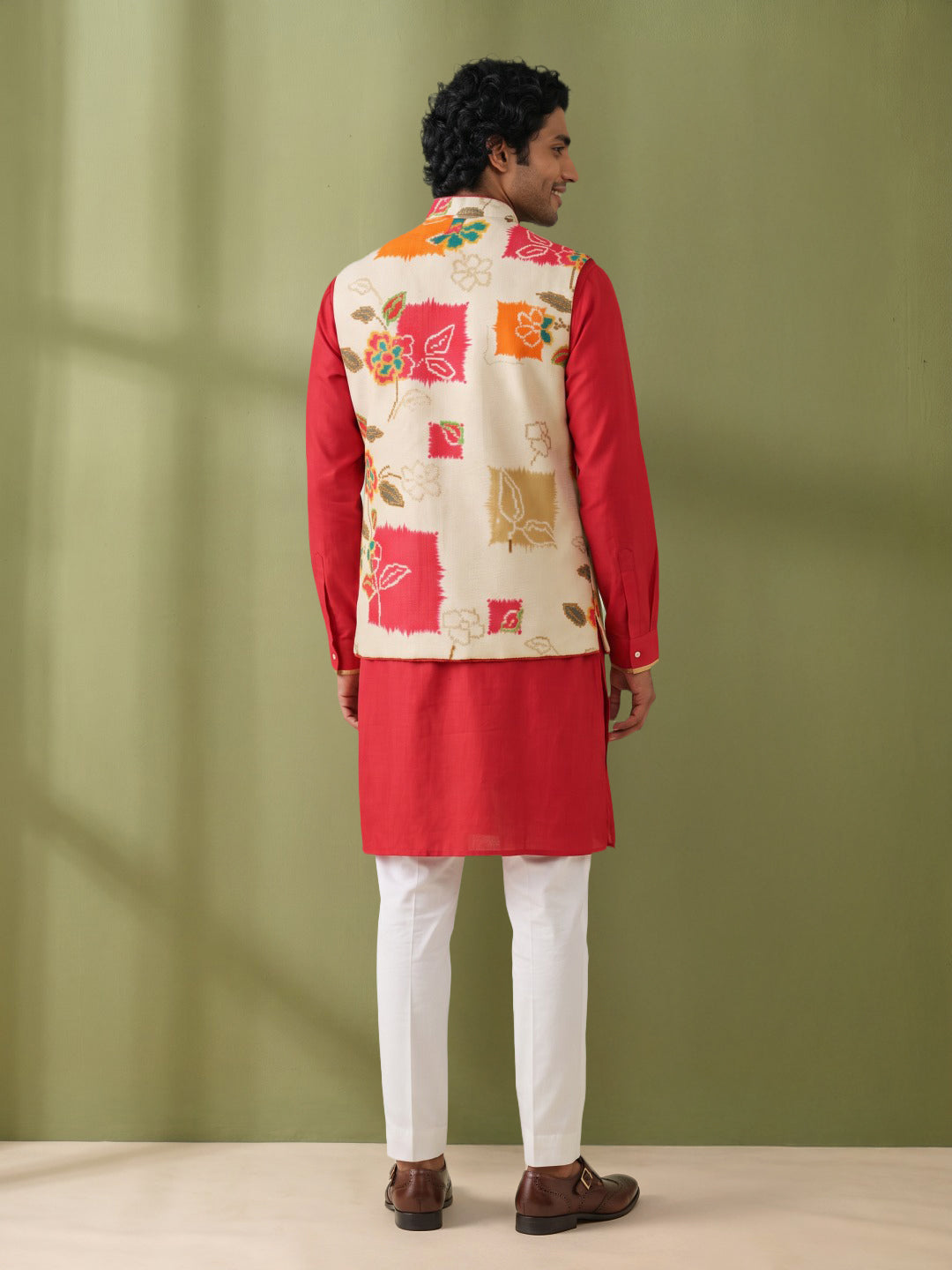 Cream & Pink Silk Kurta, Vibrant Printed Bandi Jacket and Aligarhi for Men