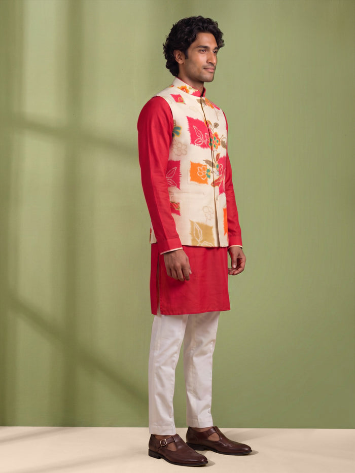 Cream & Pink Silk Kurta, Vibrant Printed Bandi Jacket and Aligarhi for Men