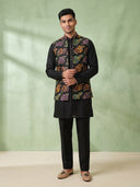 Black Silk Kurta, Multi-Color Floral Embroidered Bandi Jacket & Palazzo Set