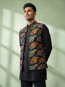 Black Silk Kurta, Multi-Color Floral Embroidered Bandi Jacket & Palazzo Set