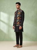 Black Silk Kurta, Multi-Color Floral Embroidered Bandi Jacket & Palazzo Set