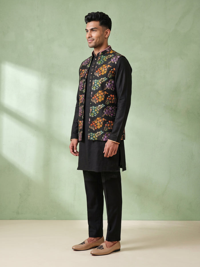 Black Silk Kurta, Multi-Color Floral Embroidered Bandi Jacket & Palazzo Set