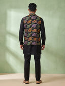 Black Silk Kurta, Multi-Color Floral Embroidered Bandi Jacket & Palazzo Set
