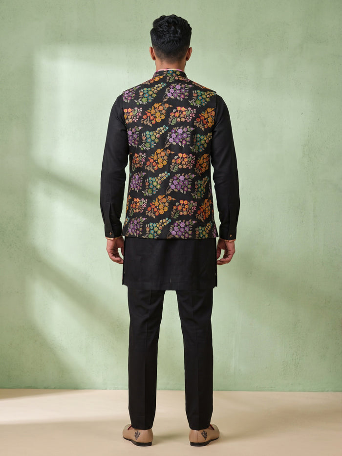 Black Silk Kurta, Multi-Color Floral Embroidered Bandi Jacket & Palazzo Set