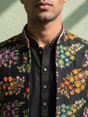 Black Silk Kurta, Multi-Color Floral Embroidered Bandi Jacket & Palazzo Set