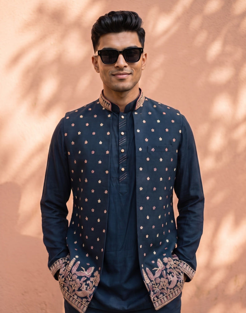 Navy Blue Silk Kurta, Embroidered Bandi Jacket & Palazzo Set - KORANM