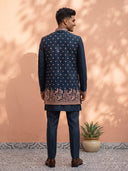 Navy Blue Bandgala Silk Set with All-Over Floral Bootis & Bird Motif Hem Embroidery