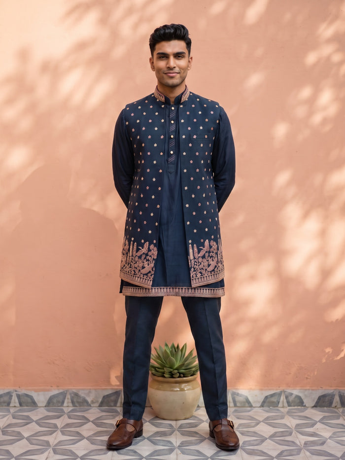 Navy Blue Silk Kurta, Embroidered Bandi Jacket & Palazzo Set