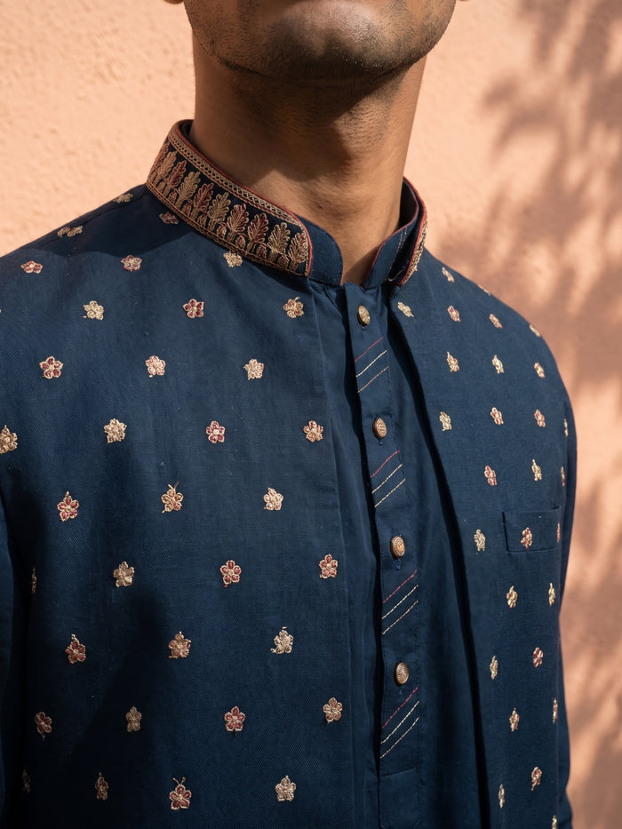 Navy Blue Silk Kurta, Embroidered Bandi Jacket & Palazzo Set