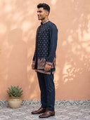 Navy Blue Bandgala Silk Set with All-Over Floral Bootis & Bird Motif Hem Embroidery