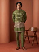 Mehendi Green Bandgala Silk Set with All-Over Floral Bootis & Dense Botanical Border Embroidery