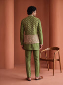 Mehendi Green Bandgala Silk Set with All-Over Floral Bootis & Dense Botanical Border Embroidery