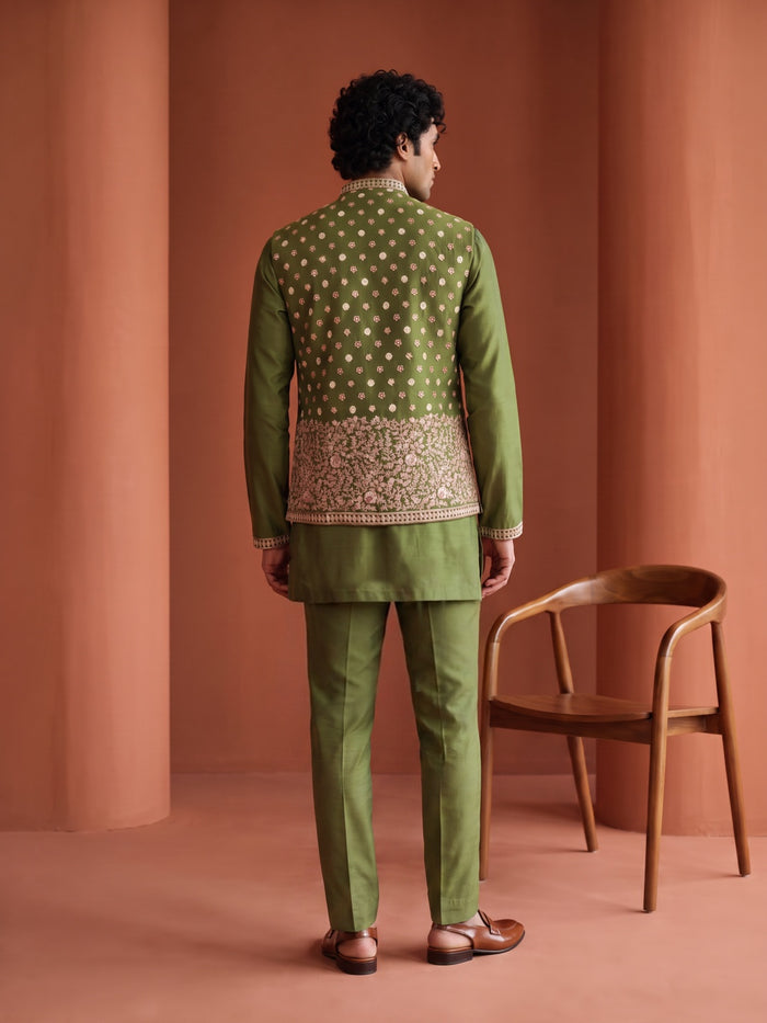 Mehendi Green Silk Kurta, Floral Booti & Dense Hem Embroidered Bandi Jacket & Palazzo Set