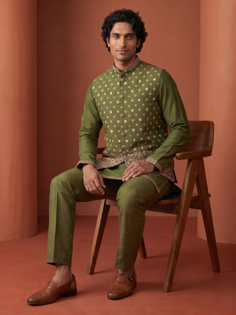 Mehendi Green Silk Kurta, Floral Booti & Dense Hem Embroidered Bandi Jacket & Palazzo Set - KORANM