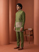 Mehendi Green Bandgala Silk Set with All-Over Floral Bootis & Dense Botanical Border Embroidery