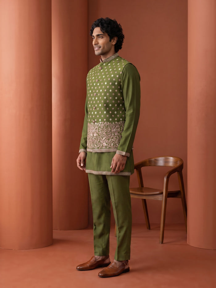 Mehendi Green Silk Kurta, Floral Booti & Dense Hem Embroidered Bandi Jacket & Palazzo Set
