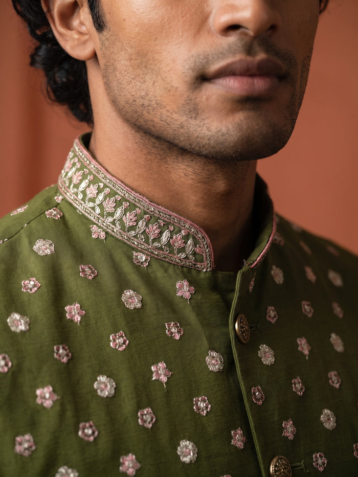Mehendi Green Silk Kurta, Floral Booti & Dense Hem Embroidered Bandi Jacket & Palazzo Set