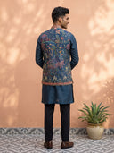 Navy Blue Silk Blend Kurta, Scenic Floral Embroidered Bandi Jacket & Aligarhi