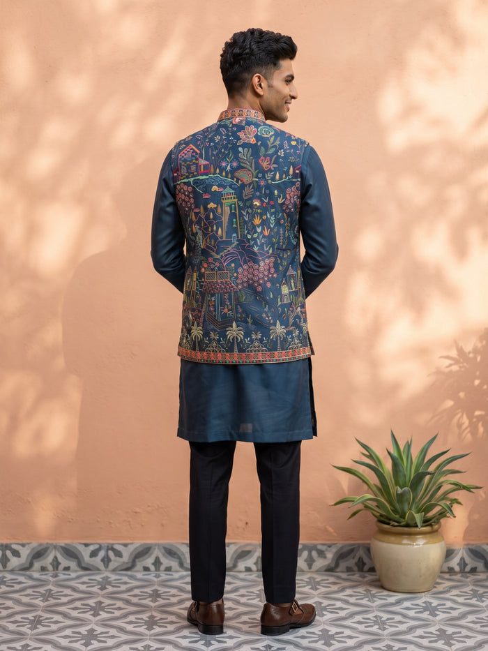 Navy Blue Silk Blend Kurta, Scenic Floral Embroidered Bandi Jacket & Aligarhi