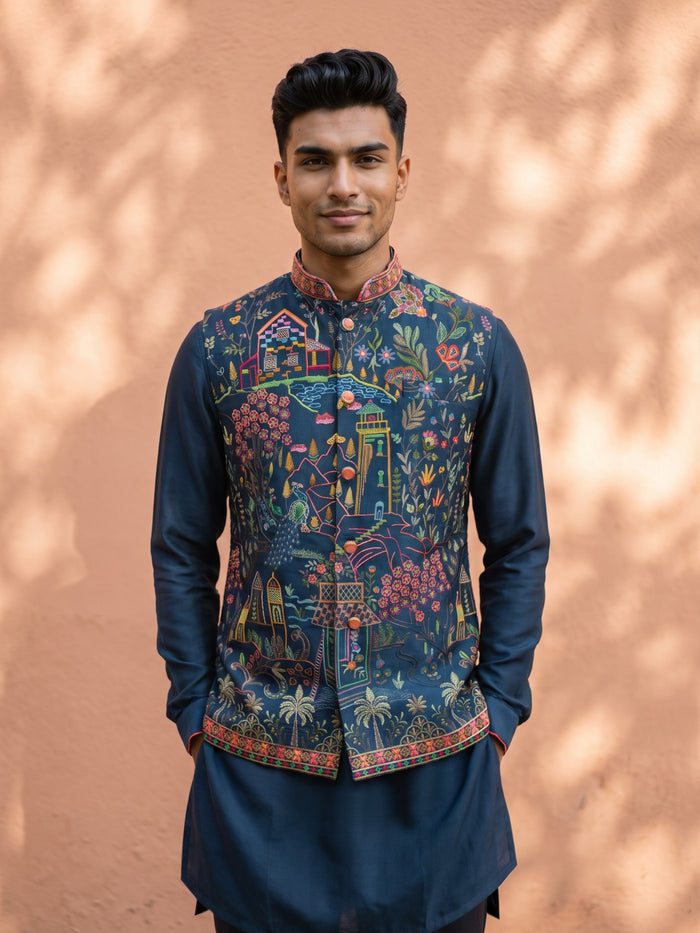 Navy Blue Silk Blend Kurta, Scenic Floral Embroidered Bandi Jacket & Aligarhi - KORANM