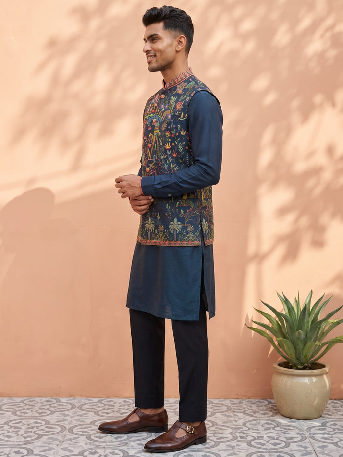 Navy Blue Silk Blend Kurta, Scenic Floral Embroidered Bandi Jacket & Aligarhi
