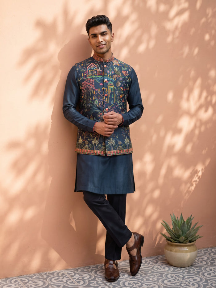 Navy Blue Silk Blend Kurta, Scenic Floral Embroidered Bandi Jacket & Aligarhi