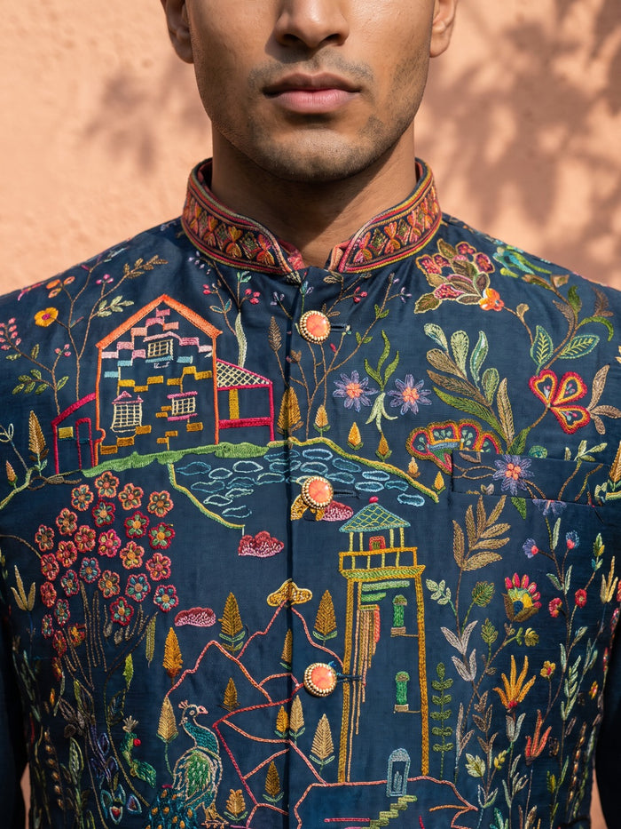 Navy Blue Silk Blend Kurta, Scenic Floral Embroidered Bandi Jacket & Aligarhi