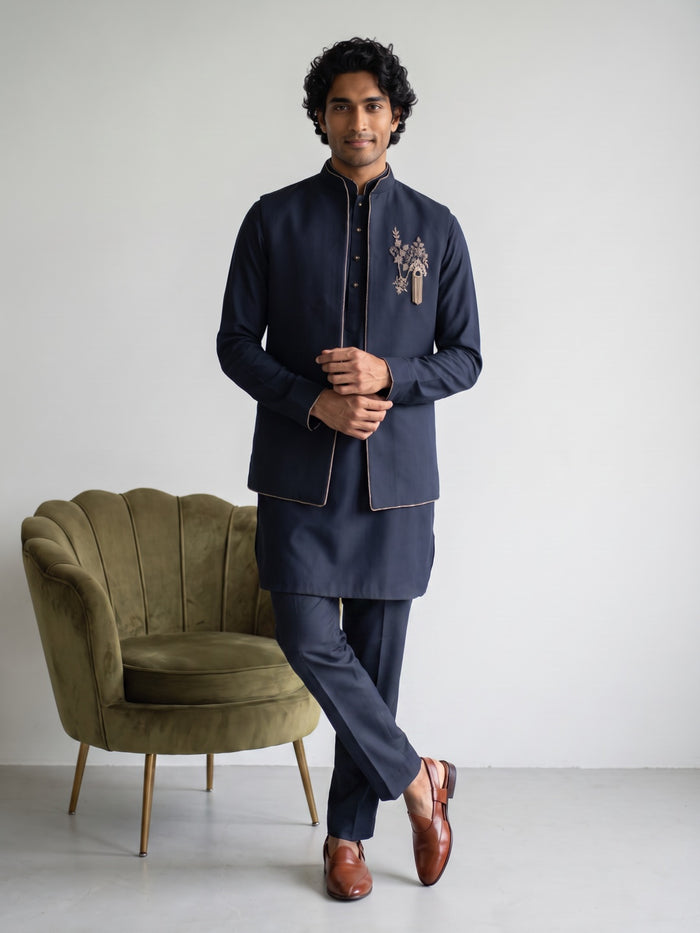 Navy Blue Rayon Chinese Collar Set with Piping Trim & Embroidered Crest Detail - KORANM