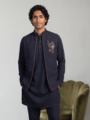 Navy Blue Rayon Chinese Collar Set with Piping Trim & Embroidered Crest Detail - KORANM