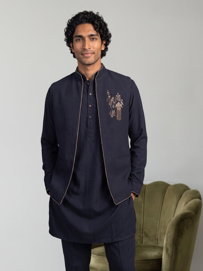 Navy Blue Rayon Chinese Collar Set with Piping Trim & Embroidered Crest Detail - KORANM