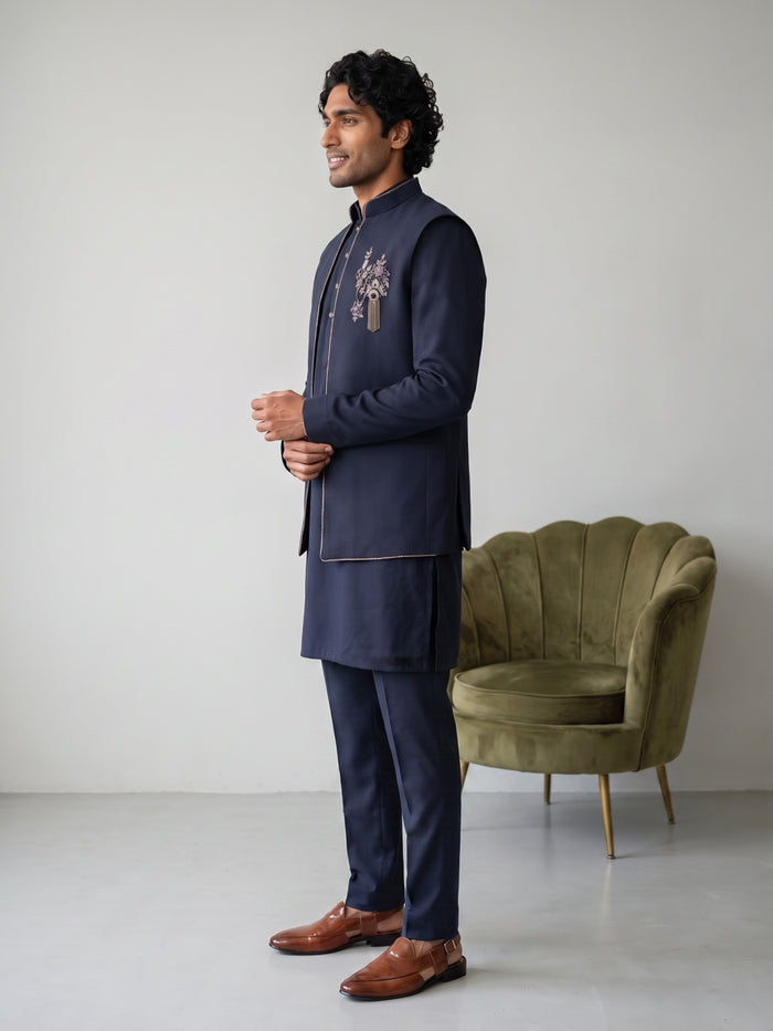 Navy Blue Rayon Chinese Collar Set with Piping Trim & Embroidered Crest Detail - KORANM