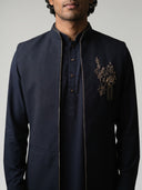 Navy Blue Rayon Chinese Collar Set with Piping Trim & Embroidered Crest Detail - KORANM