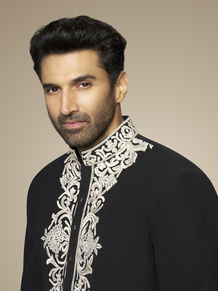 Black Satin Silk Embroidered Kurta Set- Aditya Roy Kapur Collection