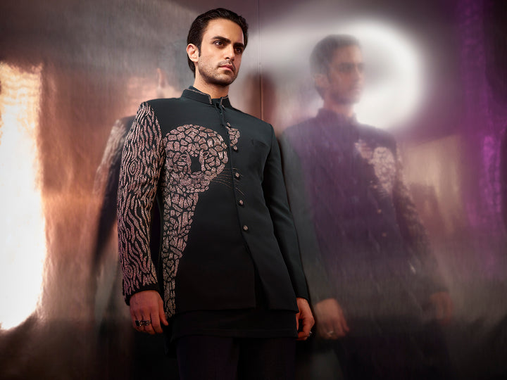 Bottle green silk-textured Jodhpuri suit with embroidery and matching pants