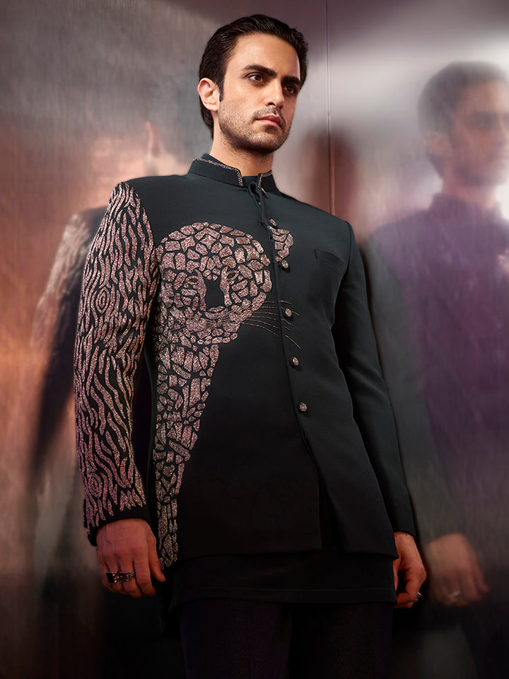 Bottle green silk-textured Jodhpuri suit with embroidery and matching pants