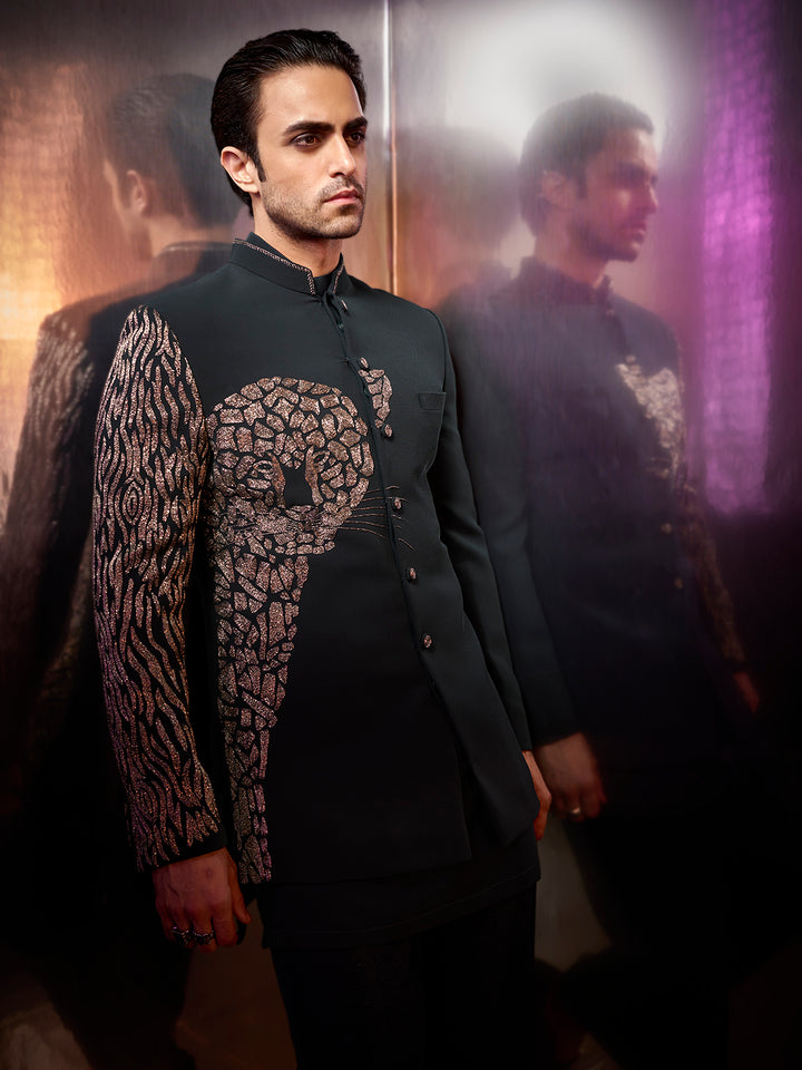 Bottle green silk-textured Jodhpuri suit with embroidery and matching pants