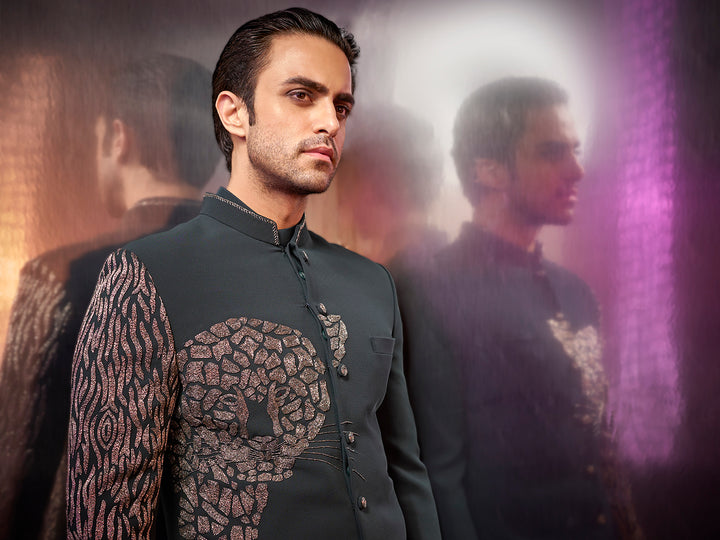 Bottle green silk-textured Jodhpuri suit with embroidery and matching pants