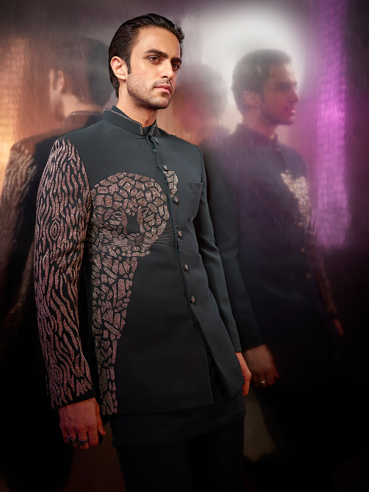 Bottle green silk-textured Jodhpuri suit with embroidery and matching pants