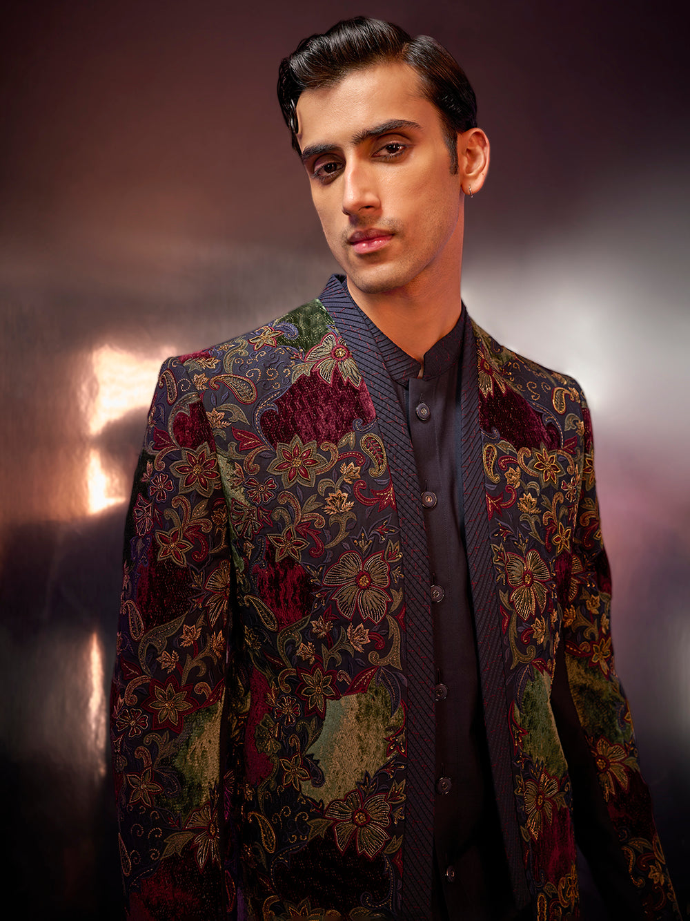 Navy textured silk Indo-Western set with embroidery, kurta, and matching pants.