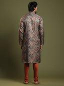 Moss Grey Ikkat Printed Blended Silk Kurta Set - KORANM