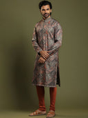 Moss Grey Ikkat Printed Blended Silk Kurta Set